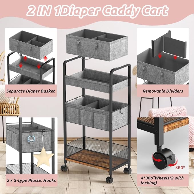 LIDTOP 2In1 Baby Diaper Caddy & 3-Tier Rolling Diaper Cart, Diaper Caddy Organizer Cart with Dividers, Mobile Metal Utility Cart for Nursery Essentials, Detachable Bedside Cart, Large Capacity - Image 6