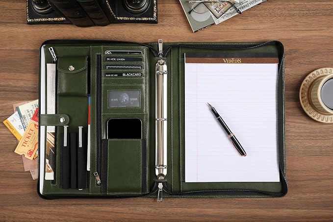 Green Leather Padfolio for Women/Men, Business 3 Ring Portfolio Binder, Personalized Zippered Organizer for A4 Notepad & 13-inch Laptop/Tablet - Image 3