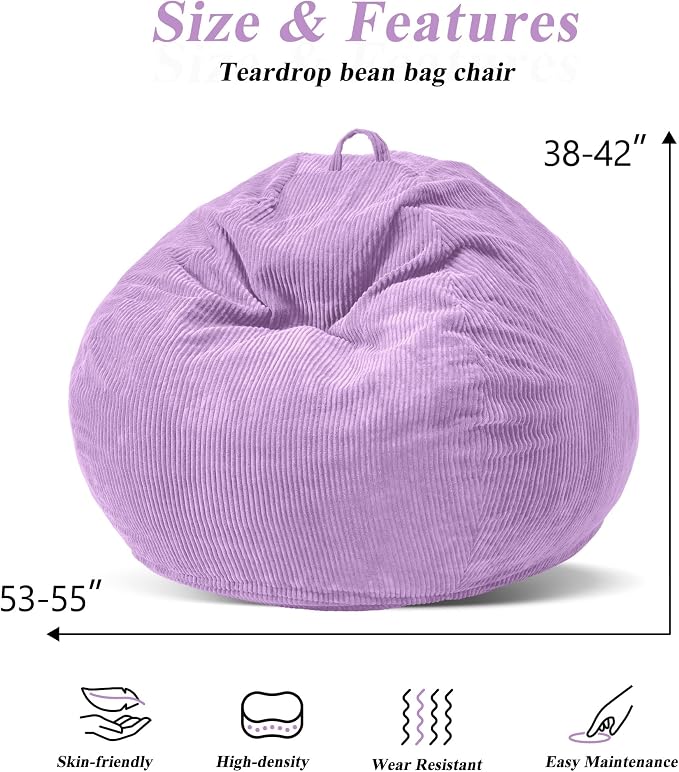 5FT Bean Bag Chair for Adults,Gaint Teardrop Beanbag with Filler | Beanbag Chair with Memory Foam Filled,Bean Bags with Handy Handle&Machine Washable Cover for Living Room,Bedroom-Purple - Image 2