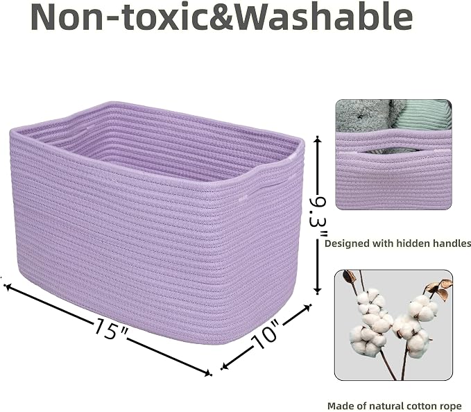 XUANGUO Woven Cotton Rope Storage Baskets 15x10x9.3" 3 Pack Purple Lavender | Decorative rectangular storage baskets for shelves and closets; storage bins organize clothes, toys, books and nursery items. - Image 2