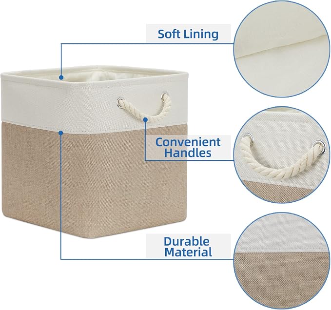 Temary Cube Storage Baskets 4 Pack 13x13 Fabric Cube Storage Bins for Clothes, Large Baskets Boxes with Handles, Canvas Basket for Organizing Towels, Collapsible Storage Bins (White&&Khaki) - Image 5