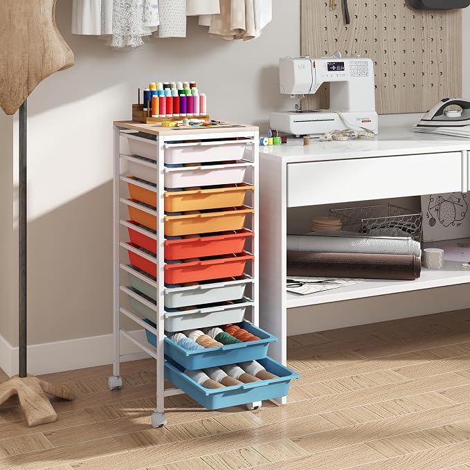 Giantex Rolling Storage Cart with 10 Drawers, Utility Cart w/Wooden Tabletop, Lockable Wheels, Multipurpose Organizer for Art Craft Books Paper, Drawer Carts for Dorm Classroom Office, Macaron - Image 5