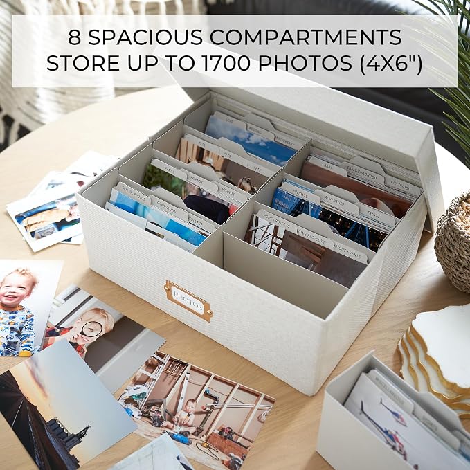 Decorative Photo Storage Box - Sturdy Linen Organizer Holds 1700 Photos | Organizer with Dividers Stores Up to 1700 4x6 Pictures - Portable Scrapbook Storage Containers with Lid - Image 5