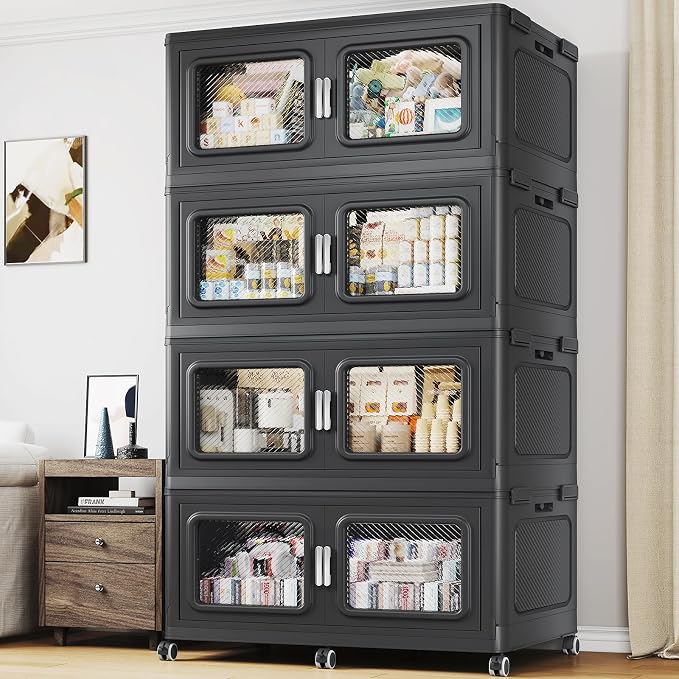 BROVIEW 880 Qt Extra Large Stackable Storage Bin with Lids, 4 Pack Black | 220Gal Extra Large, Collapsible Storage Boxes with 4 Lids, Folding& Rolling Plastic Drawer, Heavy-Duty Cabinet Organization by BROVIEW-EnjoytheArtofLife