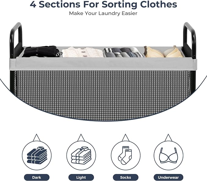 STO STO Laundry Hamper 4 Section, 140L Rolling Laundry Sorter Cart with Removable and Washable Liner Bag, Clothes Hamper with Wheels and Metal Handle for Laundry Room and Bedroom, Gray - Image 6