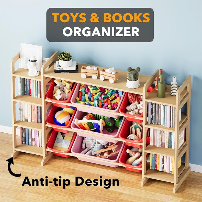 SpaceAid Large Toy Storage Organizer 9 Shelves 9 Bins, Toy Organizers Storage Bookshelf, Kids Bin Shelf Toys Box Bookcase for Bedroom Playroom Organization Room Decor, Red and Pink - Image 4