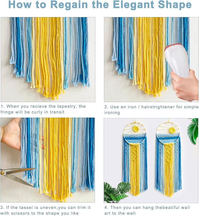 Artilady 2 Pack Macrame Hanging Tapestry Sun Wall Decor, Boho Dream Catcher | Large Tapestry, Handmade Woven, Farmhouse Rustic, Blue Sun Wall Art Set, Bedroom Living Room Entryway Home Decor - Image 5
