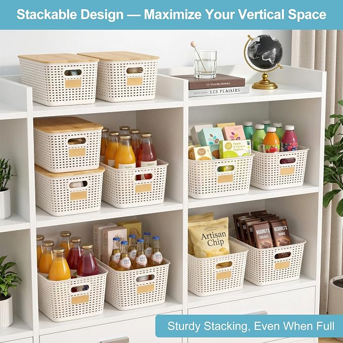 2 Pack Tall Plastic Storage Bins with Bamboo Lids, 10.8qt Stackable Storages Baskets for Organizing Desktop Closet Playroom Classroom Office, 12"L x 8.3"W x 6.1"H, Cream White - Image 3