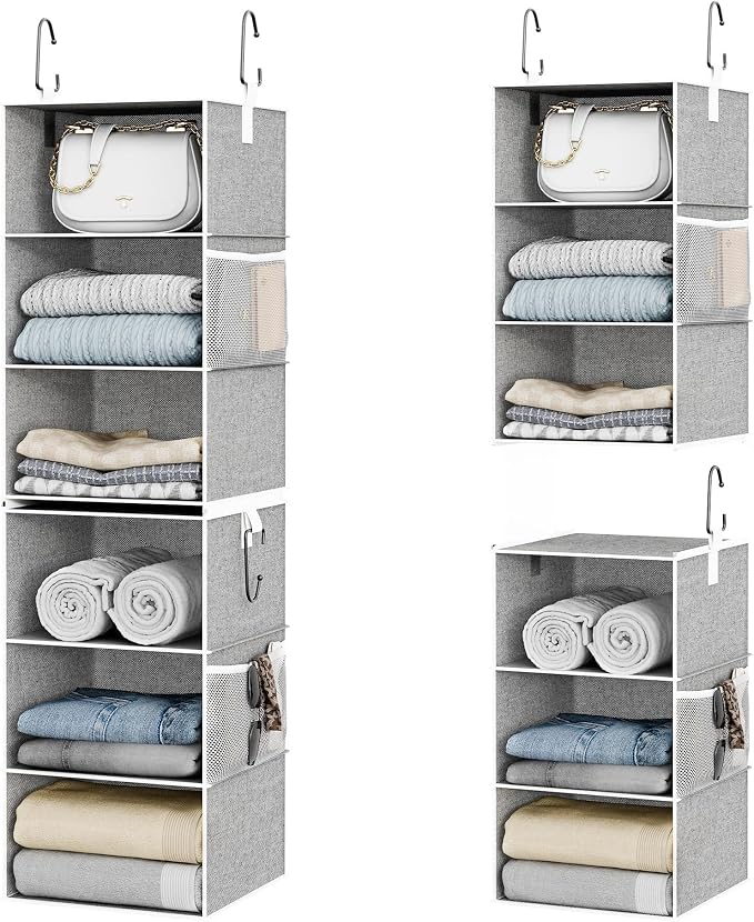 StorageWorks 6-Shelf Closet Organizers, Two 3-Shelf Separable Hanging Shelves for Close, 12 1⁄2" D x 12 1⁄2" W x 47 ¼" H, Canvas, Gray by StorageWorks