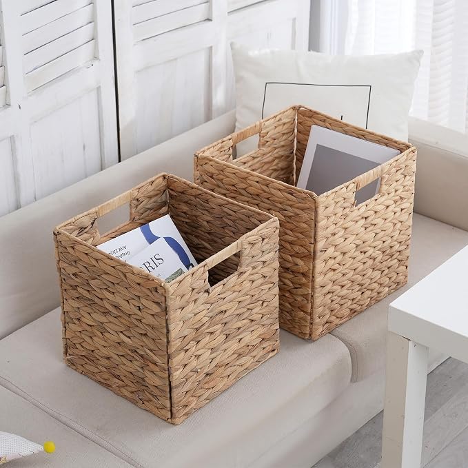 Wicker Storage Cubes, Foldable Storage Bins, 12x12x12 Inch, 2-Pack | 2-pack 12x12x12" foldable water hyacinth wicker cubes; collapsible storage bins for shelves, closets and home organization. - Image 7