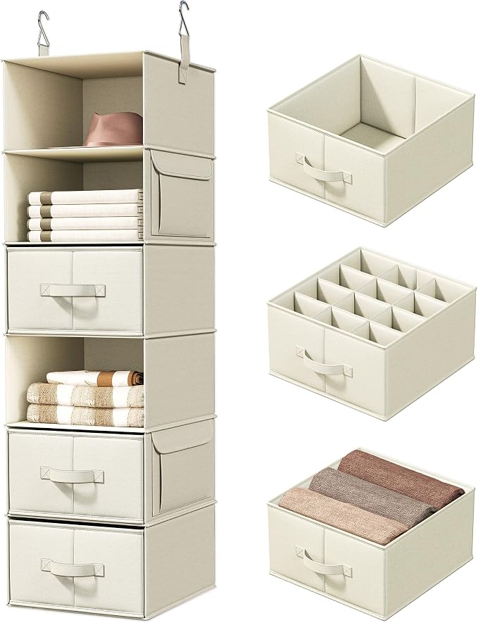 6-Shelf Hanging Closet Organizer with 3 Fabric Drawers, Beige | Removable Fabric Drawers, Side Pockets, Reinforced Structure, Space-Saving Storage for Clothes, Nursery and Dorm Rooms by Vailando