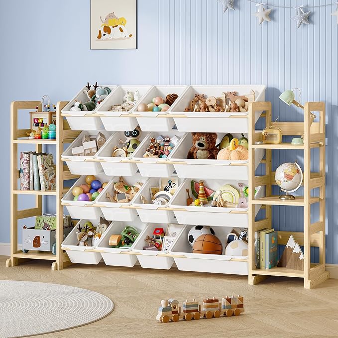EXPERLAM Extra Large Toy Storage - Toy Storage Organizer, Wooden Toy Organizer with 6 Side Shelves and 16 Bins, 3-in-1 Bookshelf for Kids Rooms, Playroom, Nursery, White by EXPERLAM