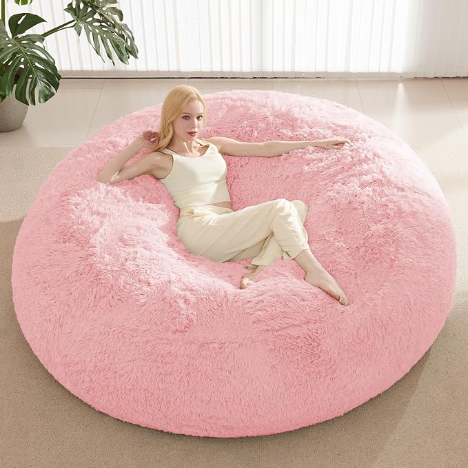 Fluffy Bean Bag for Stuffed Animals Storage, Faux Fur Washable Bean Bag Chair Cover(No Filler) for Textile Plush Toys, Beanbag Chair Cover for Adults Kids Teens, 5FT, Pink by ODreamyDogs