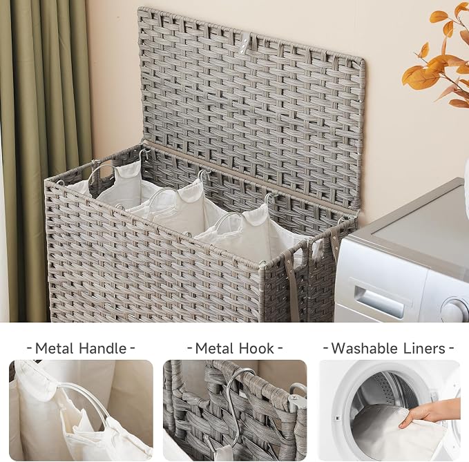 Laundry Hamper with Wheels, 39.6 Gallon(150L) Rolling Laundry Basket with Lid, 3-Section Rattan Clothes Hamper with 3 Removable Liner & 3 Mesh Bags, Laundry Sorter with Side Pocket, Grey - Image 5