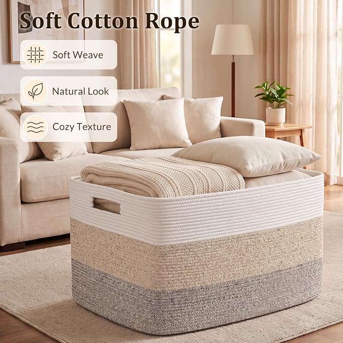 OIAHOMY 108L Super Large Blanket Basket, 25”x16”x16”(108L) Rectangle Woven Baskets for Storage, Cotton Rope Basket For Living Room, Toy Storage with Handle- Gradient Brown - Image 3