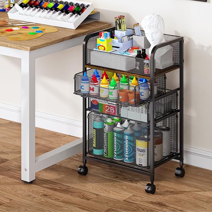 4-Tier Rolling Utility Cart with 3 Drawers-Craft Organizers and Storage with 360° Lockable Wheels,Art Supply Storage Organizer for Art Supplies, Store for Brushes & Paints & Artifacts Patent Pending - Image 4