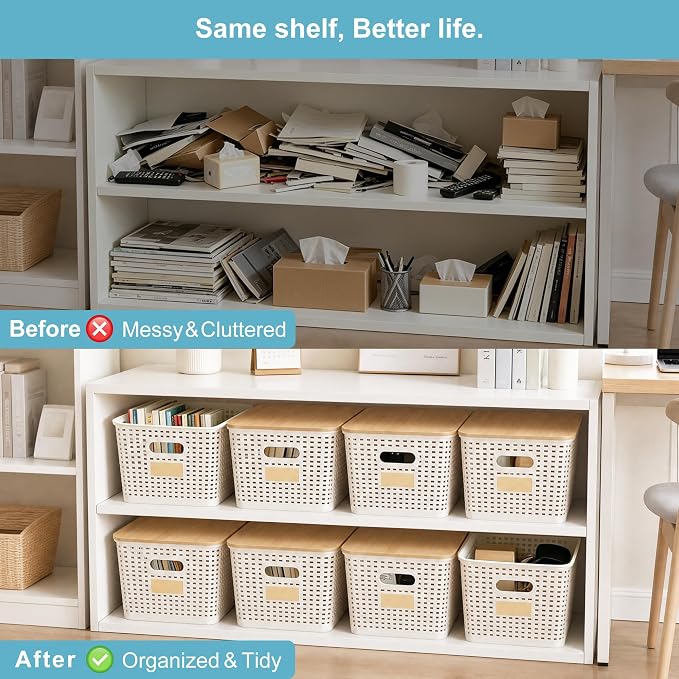 2 Pack Tall Plastic Storage Bins with Bamboo Lids, 10.8qt Stackable Storages Baskets for Organizing Desktop Closet Playroom Classroom Office, 12"L x 8.3"W x 6.1"H, Cream White - Image 7