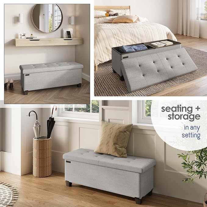 Storage Ottoman Bench with Bins, 43-in Storage Bench for Bedroom End of Bed, Folding Foot Rest Ottoman for Living Room Max 660lbs, Fabric Ottomans, Light Grey - Image 4