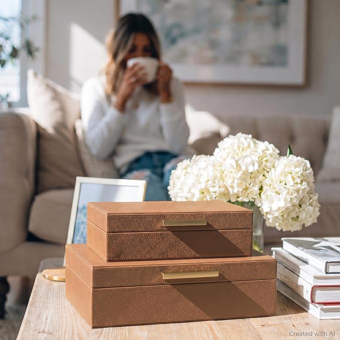 Decorative Storage Boxes with Lids - Set of 2 PU Leather Organizer Bins | Beautiful Bins for Your Bookshelf Home Decor - Safely Store Photos, Documents and Memory Box Keepsakes in Style - Image 2