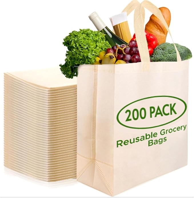 Simply Cool 200 Pack Reusable Grocery Bags, Large Tote Bags Bulk, Cream | 14.5"x14"x6.6" Heavy Duty Non-woven Custom Shopping Bags with Handles, Foldable, Washable for Groceries and Commercial use by SimplyCool