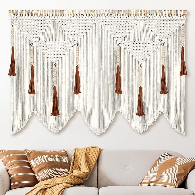 Large Macrame Wall Hanging, Boho Woven Tapestry with Wood Bead Tassel | Minimalist Above Bed Decor, Bohemian Wall Art, Handmade Cotton Woven, for Bedroom Living Room Apartment by ANROYE