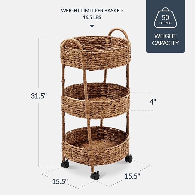 Best Choice Products 3-Tier Round Rolling Nursery Caddy w/Wheels, Handwoven Utility Cart, Storage Organization for Bathroom, Craft Room, Laundry Room - Chestnut - Image 2