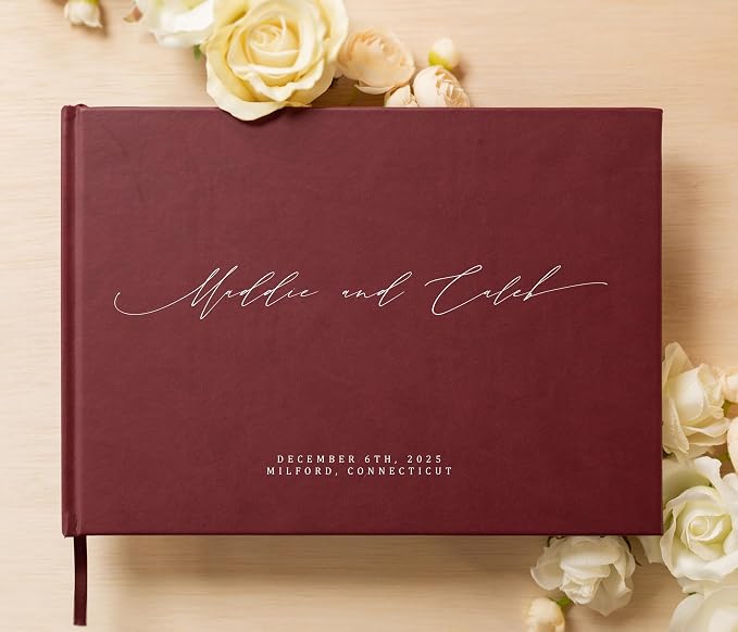 Personalized Guestbook in Wine - Premium Custom Modern Guest Book for Wedding Reception, Birthday Party or Events w/Bookmark Blank Pages for Signing 11.5 x 8.5 inches - Image 2