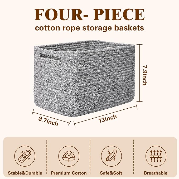 Storage Baskets for Organizing, 4 Pack Baskets for Shelves, Decorative Storage Bins for Shelves, Cotton Rope Storage Basket with Handles, Woven Basket for Storage, 13''Lx8.7''Wx7.9''H, Gray - Image 3