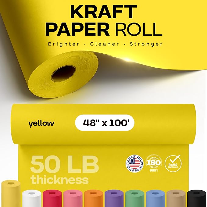 48" x 1200" (100 feet) Yellow Kraft Paper Roll - USA-Made Quality Craft Paper for Gift Wrapping, Kids' Arts & Crafts, School Projects - 100% Recycled Natural Material 50lb Thickness by IDL Packaging - Image 4