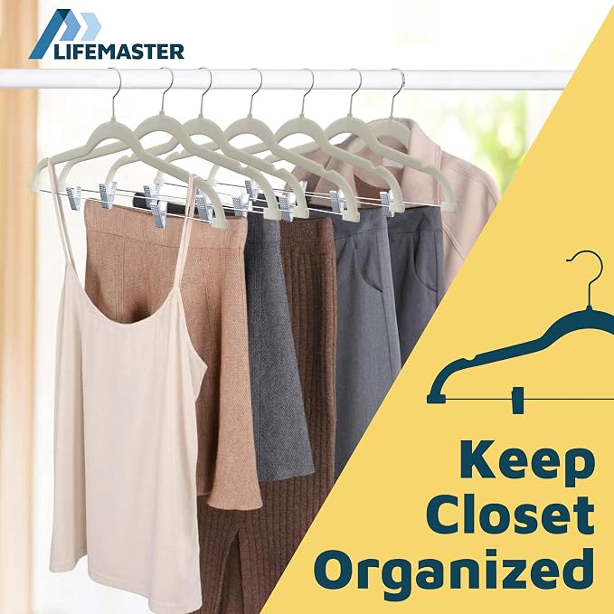 Lifemaster Velvet Skirt Hangers – with Adjustable Clips, 360 Degree Swivel Hook, and Non-Slip Shoulder Notch, Holds Up to 10 lbs, for Organizing Skirt, Pants, Dress, and Clothes, Pack of 20, Ivory - Image 9