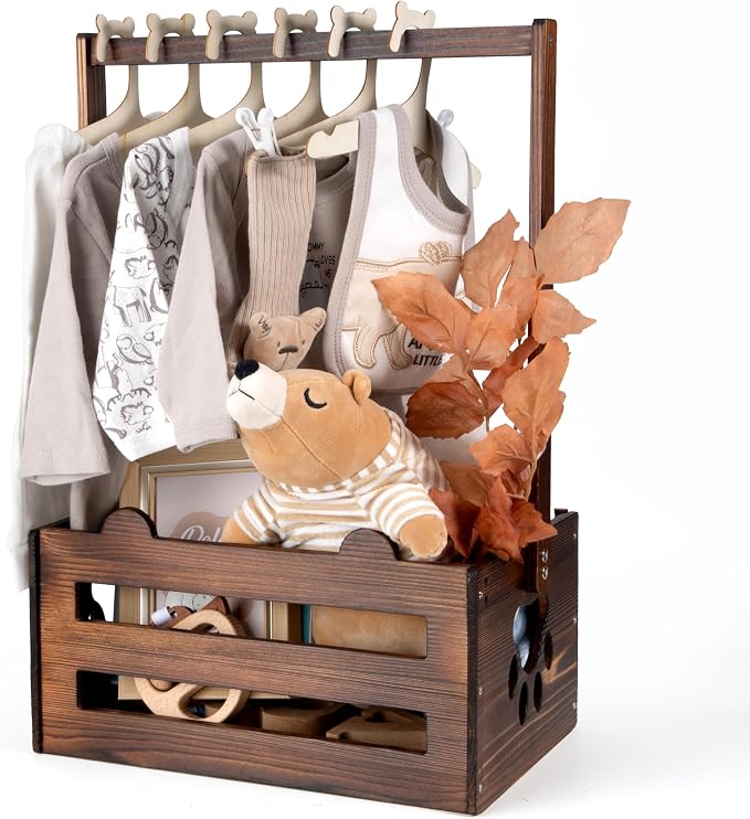 GiftAmaz Brown Wooden Baby Shower Crate Closet, Baby Storage Crate with Handle, Baby Shower Gifts Basket, Baby Welcome Box for Newborn Boys Girls, Pregnancy Gifts for New Parents by GiftAmaz