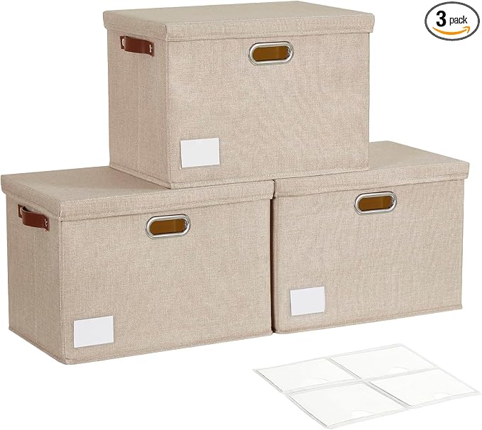 17" Large Fabric Storage Box with Lids, 3-Pack, Khaki | Stackable, Foldable, 2 PU Handles and 2 Metal Handles, Decorative Fabric, For Home, Bedroom, Closet, Office, Nursery by Roobyl