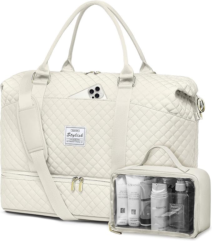 Women Weekender Travel Duffle Bag: Travel Duffel Overnight Bags with Shoe Compartment Large Carry on Tote Bag Toiletry Bag Weekend Yoga Gym Hospital Bags for Labor and Delivery with Wet Pocket Beige by FIUAIE