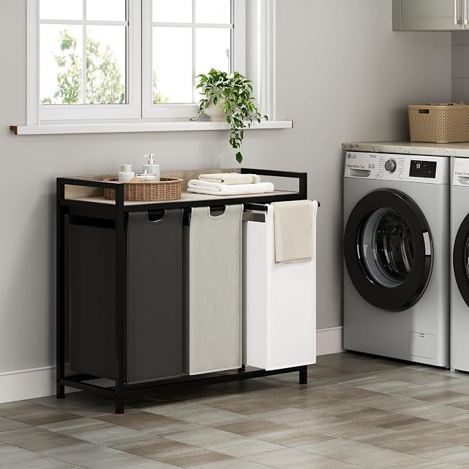 Herture Laundry Hampers with Shelf, Laundry Basket 3 Section, 3 x 15.87 Gal | Laundry Sorter with Pull-Out Removable Large 3 Color Bags and Movable Wheels, Metal Frame, Greige PF04XLZ - Image 2