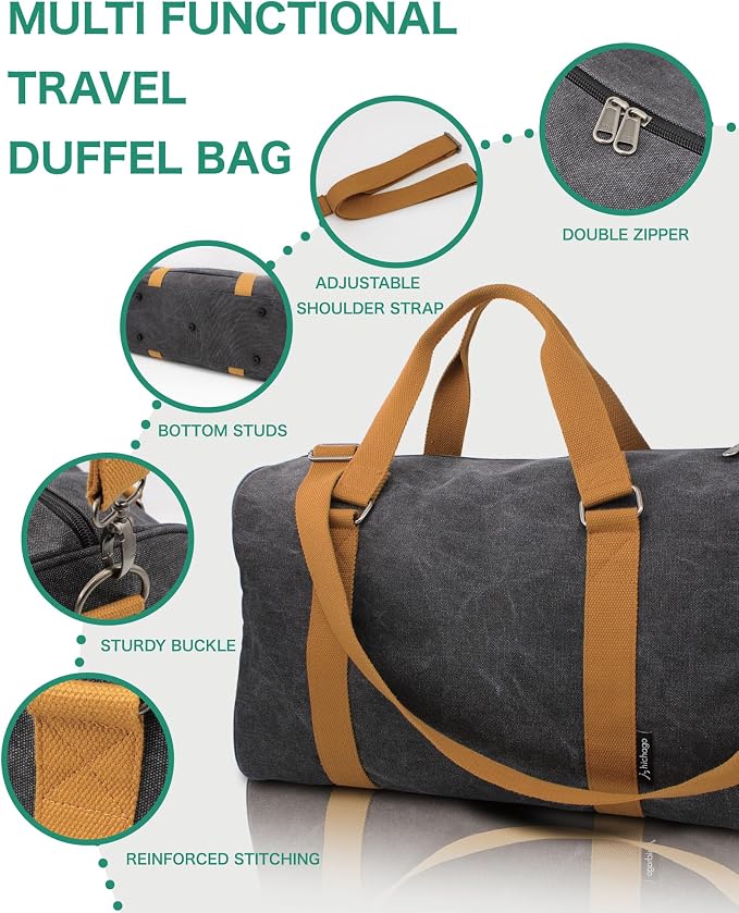 Travel Duffel Bag - 40L Weekender Carry-On, CanBoss (khaki) | Spacious 40L canvas weekender duffle for women & men - gym, travel and carry-on bag with trolley sleeve and 6 pockets - Image 6