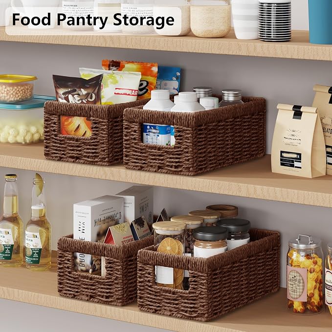 Wicker Storage Basket, Set of 2 Hand Woven Wicker Baskets for Organizing with Handles, Decorative Small Storage Bins for Countertop Toilet Paper Basket for Toilet Tank Top, Shelves, Brown - Image 6