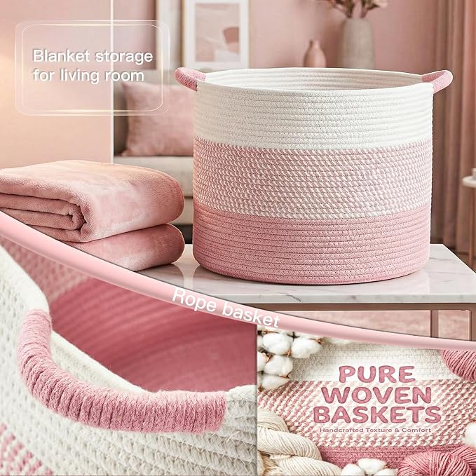 Artfeel 100L Large Cotton Rope Basket, Decorative Woven Blanket Storage for Living Room, Boho Toy Storage & Toy Box for Kids, Versatile Laundry Basket & Nursery Hamper for Blankets(Pink) - Image 5