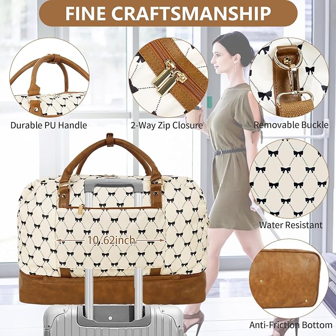 3PCS Weekender Bags for Women Large Overnight Bag, Cream Bow | Weekender Travel Duffel Bags Carry on Shoulder with Shoe Compartment Toiletry Bag Satchel Bag for Travelling Business Gym - Image 3