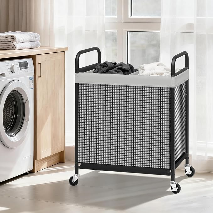 STORAGE MANIAC Rolling Laundry Hamper with Wheels 2-Section Laundry Sorter Rolling Laundrys Basket on Wheels with Removable Bag Clothes Hamper Laundrys Organizer Cart Bathroom Bedroom 100L Grey - Image 2
