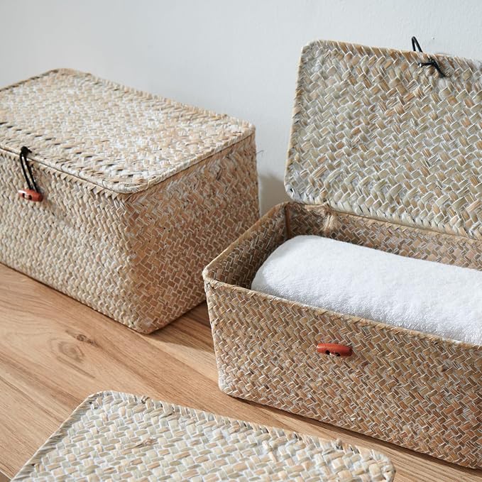 4 Pack, Wicker Baskets with Lids, Natural Seagrass Storage Baskets, Woven Rectangular Basket Bins, Rattan Storage Organizer for Shelf (Whitewashed, Set of 4) - Image 5