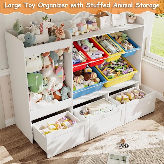 50.6" W x 41.3" H Wooden Toy Storage Organizer Cabinet | 140L Stuffed Animal Storage, 6 Plastic Bins & 3 Rolling Drawers, Color Storage Bins for Playroom Nursery Home Decor, White - Image 4