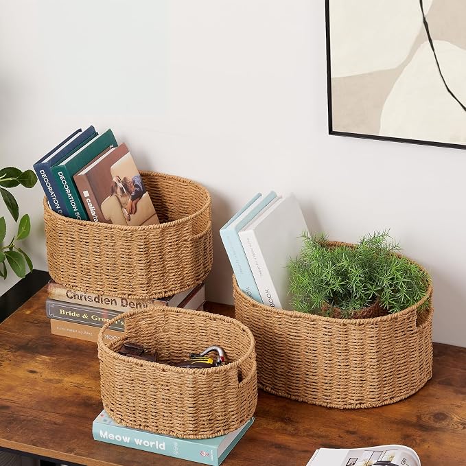 Wicker Storage Basket, Set of 3 Hand-woven Storage Baskets for Organizing, Round Large Wicker Baskets for Storage Decor, Pantry Storage Cubes Organization Baskets for Shelves, Natural - Image 3