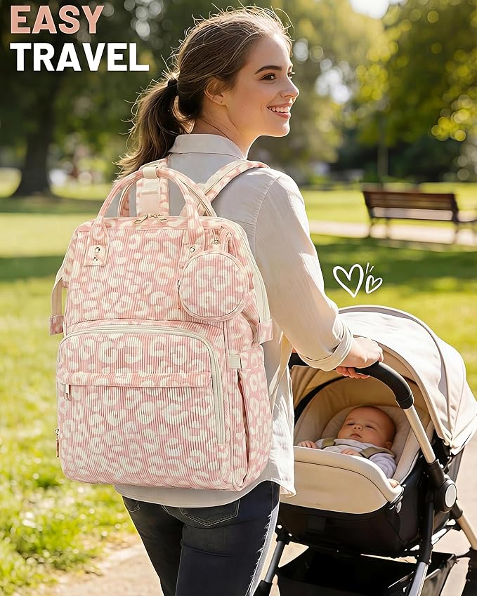 Corduroy Diaper Bag Backpack, Large Capacity Multifunction Baby Diaper Bags for Women, Insulated Bottle Pockets & Pacifier Case, Stylish Travel Nappy Changing Bags for Mom Dad (Leopard Pink) - Image 8