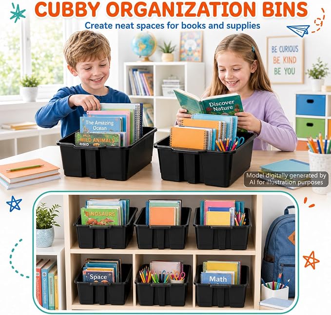 6 Pack Plastic Book Bins Stackable Classroom Cubby Organizer, Black | Scoop Front Storage Bins, Cubby Bins with Handles for School Library Office Home Nursery Playroom Organization - Image 5