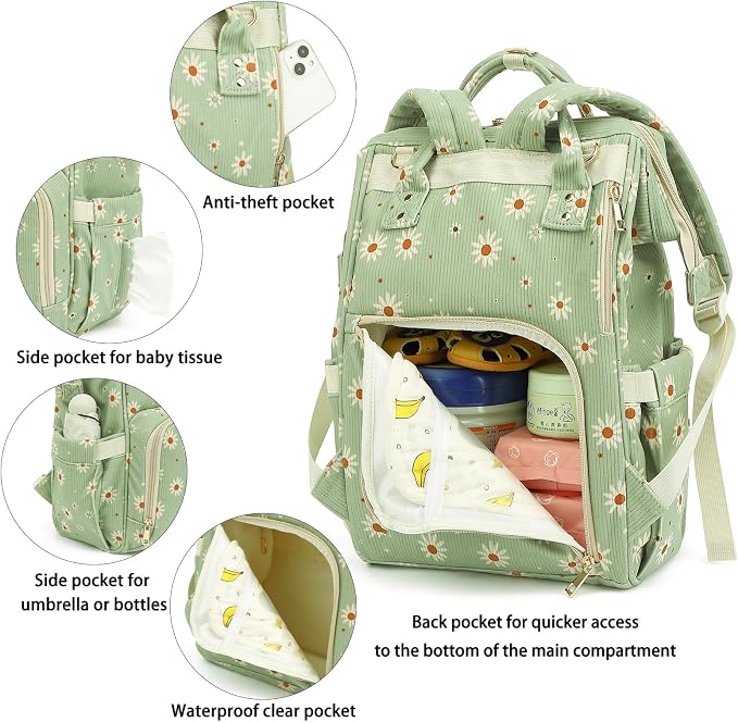 Corduroy Diaper Bag Backpack for Baby Girls Boys, Women Large Nappy Bags for Mom (Green Corduroy Daisy) - Image 4