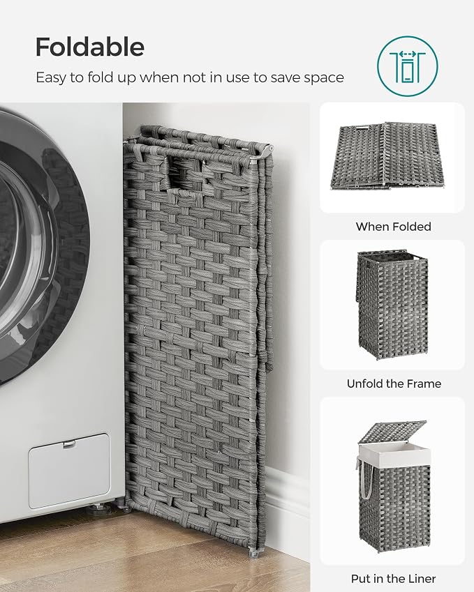 SONGMICS Laundry Hamper with Lid, 17.2 Gallon (65 L) Synthetic Rattan Clothes Laundry Basket with Lid and Handles, Foldable, Removable Liner, Dove Gray ULCB165G01 - Image 8