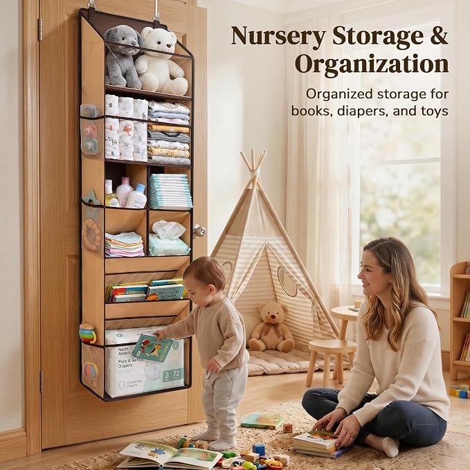 6-in-1 Over Door Hanging Organizer with 12 Mesh Pockets, 44 lbs Capacity, Light Brown – Versatile Behind Door Storage for Baby Nursery, Newborn Essentials, Bedroom, Bathroom & Dorm - Image 5