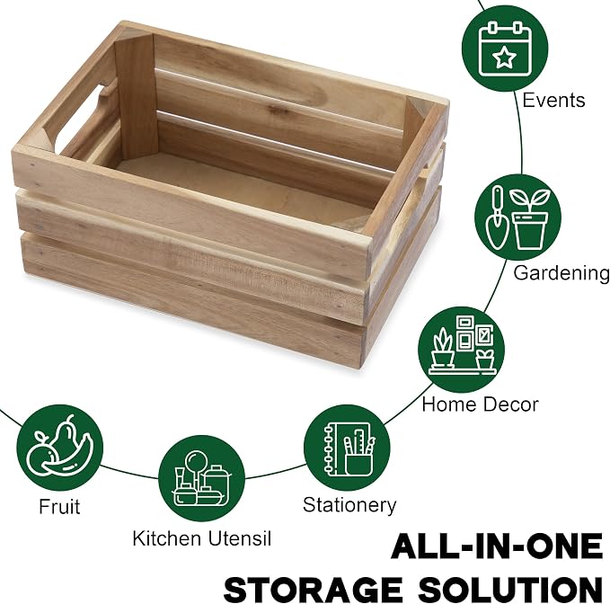Nesting Wood Storage Crates (Set of 3) - Light Natural Acacia Wood Stackable Wooden Boxes for Storage & Organization - Decorative Wooden Basket Set for Fruits, Shelving & Home Decor - Image 8