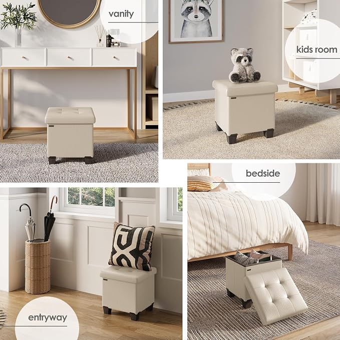 Storage Ottoman Cube with Small Bin, 15-in Square Ottoman with Storage for Living Room and Bedroom, Small Ottomans Foot Rest, Leather Foot Stools Ottomans Max 330lbs, Beige - Image 4