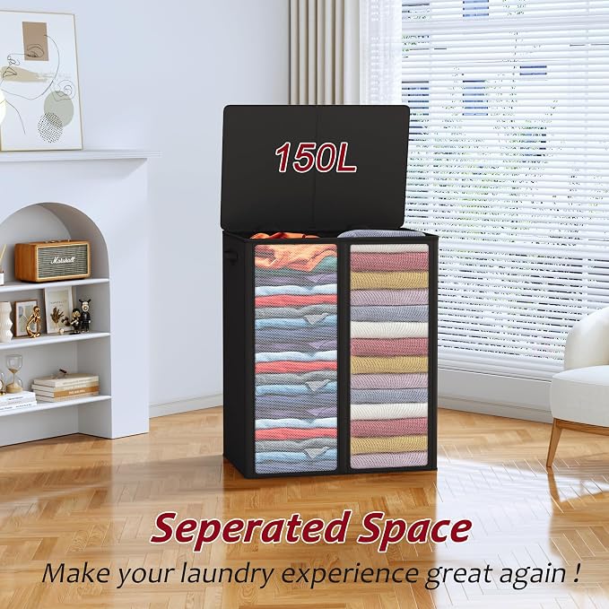 150L Laundry Hamper 2 Section, Large Laundry Hamper with Lid, Dirty Clothes Hamper with 2 Removable Inner Bags, Collapsible Laundry Basket Organizer for for Clothes Toys Towels, Hamper 2 Compartment - Image 4